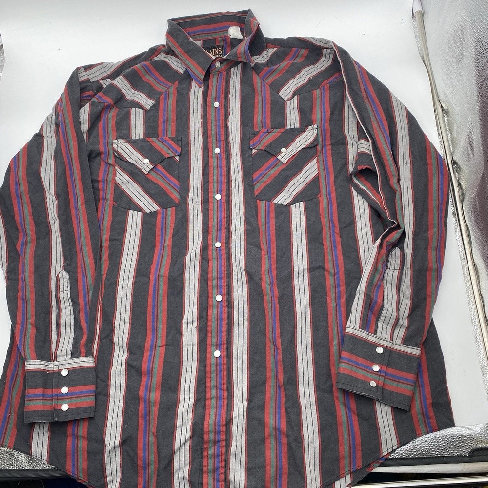 Plains Western Wear Pearl Snap Long Sleeve Mens Shirt XL Plaid Black Cowboy VGC